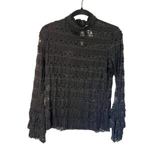 Anthropologie Guest Editor Women's Lace Mock Neck Tiered Sleeves Top Black sz XS